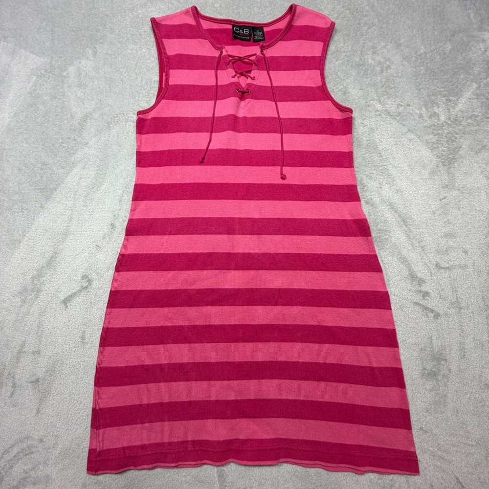 Vintage 90s Pink Striped Cotton Lace Up Mini Dress Sleeveless‎ C&B Sport M